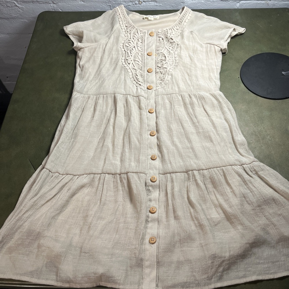 Indigo Rose Dress Womens S Shift Gauze Beige Crochet Lightweight Flowy Casual
